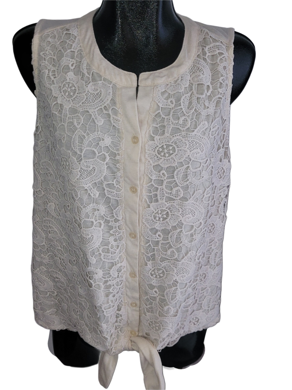 French Laundry Cream Sleeveless Lace Detailed Button-Front Tie Hem Top Size 1X